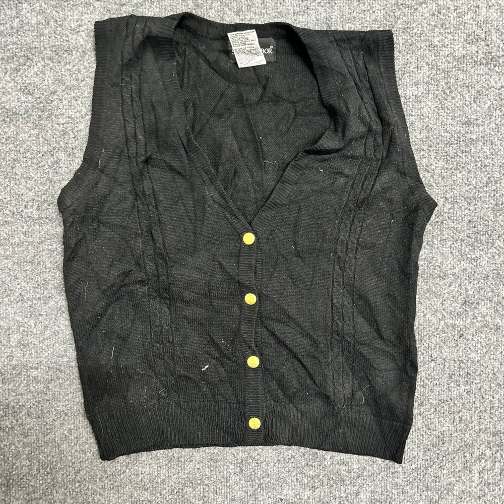 Sag Harbor Sweater Vest Womens Size Small Black Cable Knit Gold Button V-Neck